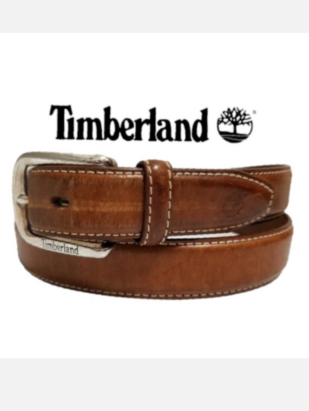 Timberland Vintage Classic Leather Belt Chestnut Brown & Silver Buckle Sz 38